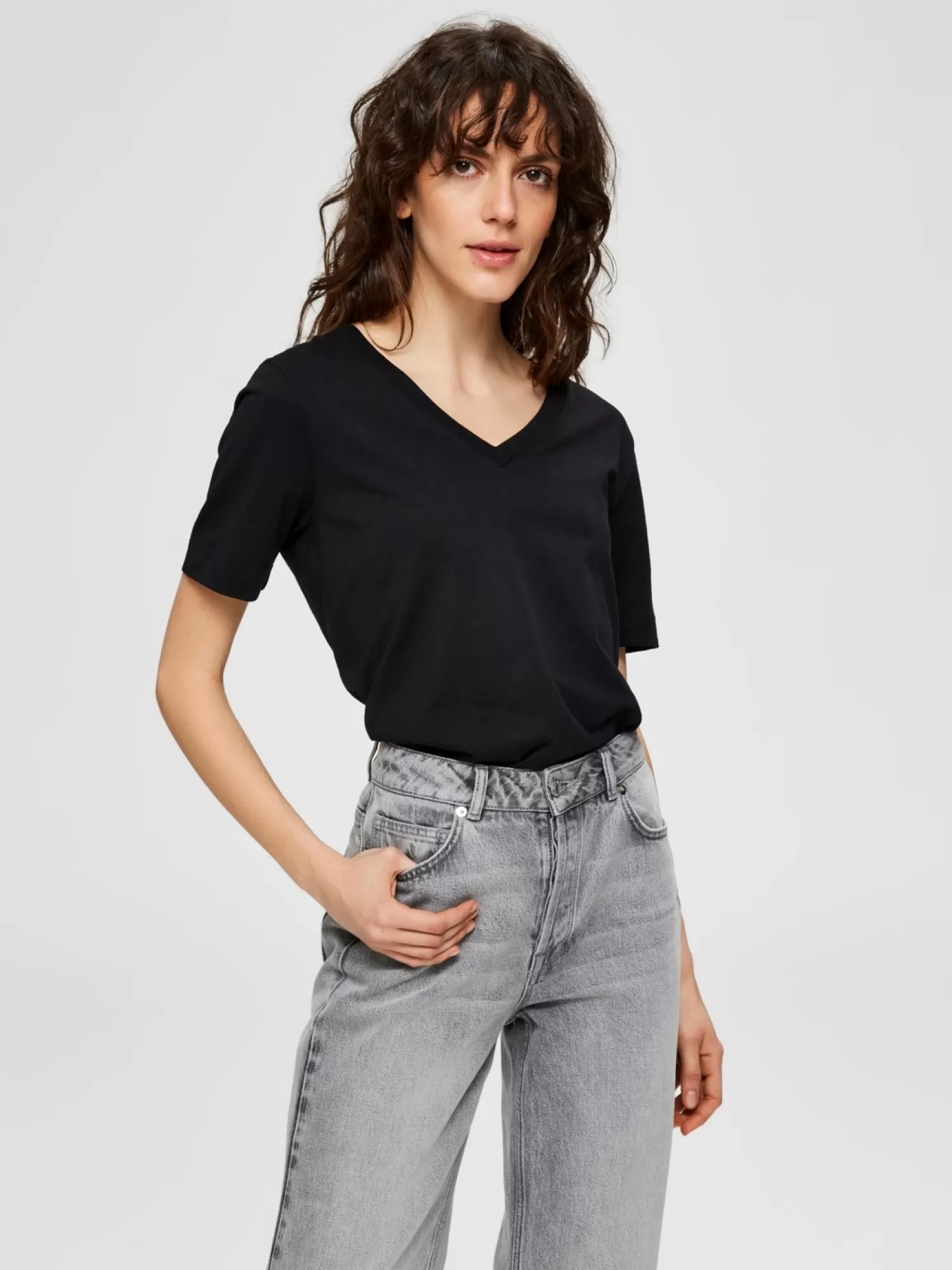 Cheap Selected Basic T-Shirt Met V-Hals Standard Black